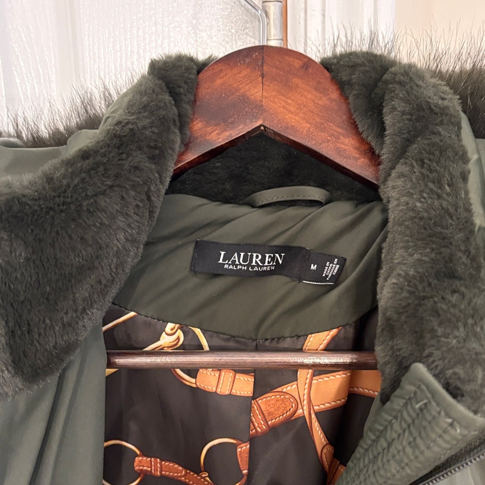 Ralph Lauren Olive Green Puffer Coat with Faux Fur Hood - Picture 7 of 12